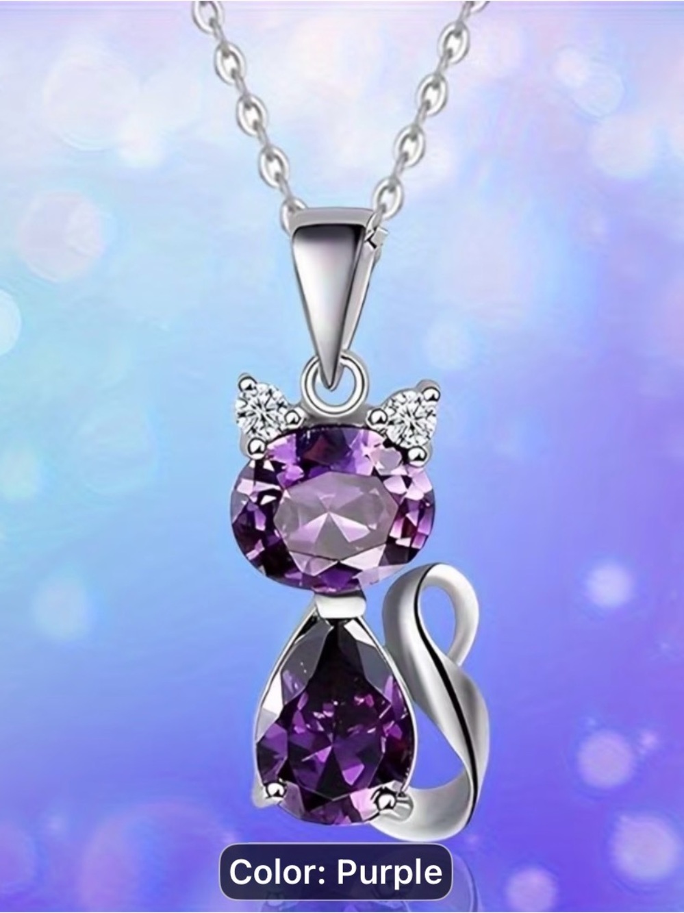 Purple Cat Pendant Necklace - Elegant Sterling Silver Style